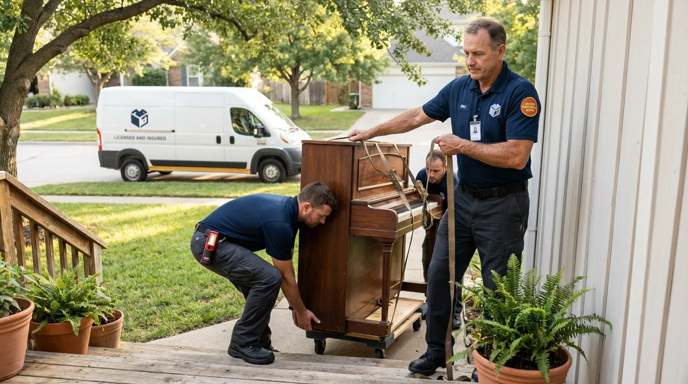Licensed piano movers securing grand piano in Curtice, OH