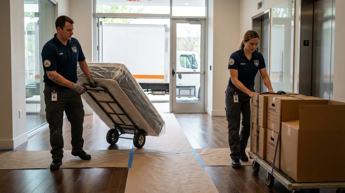 Professional apartment movers loading elevator in Curtice, OH
