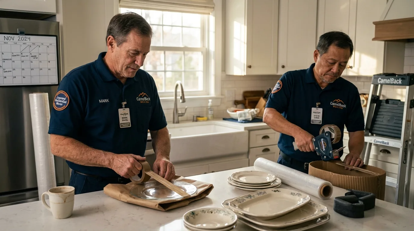 Professional crew packing kitchen dishware in Curtice, OH